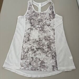 Reebok Racerback Tank Top Floral Print White Mesh Athletic Workout Gym S